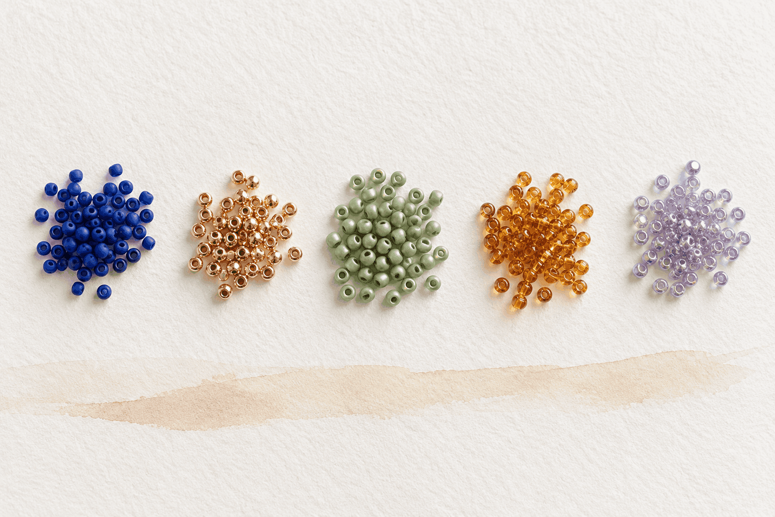 Five groups of Miyuki seed beads in different tones on white paper — BBLux colour palette