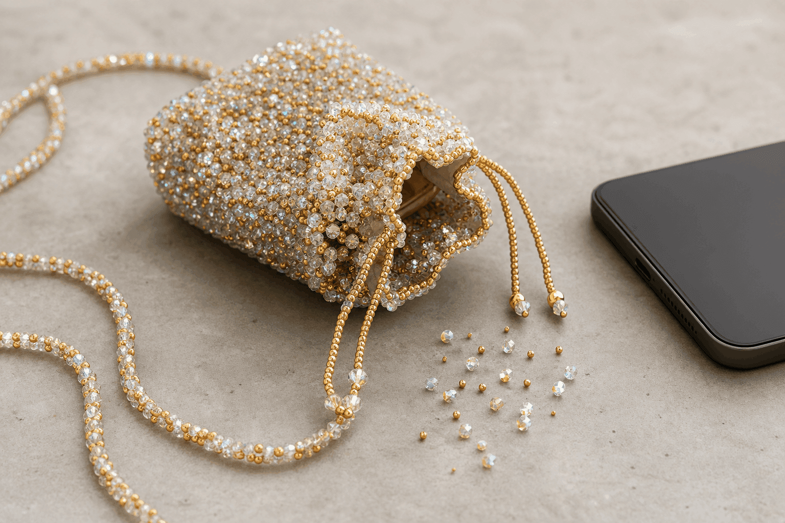 Handwoven iridescent Miyuki bead phone bag beside a smartphone on grey surface — BBLu