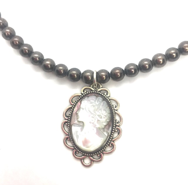 Necklace brown pearls and cameo pendant vintage style 3