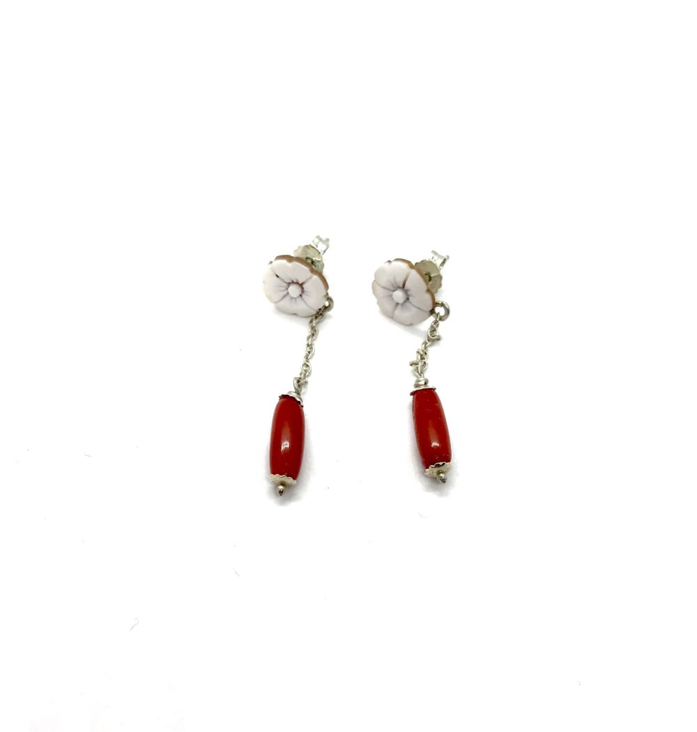 Earrings Silver, Cameo and Coral - Medium 1