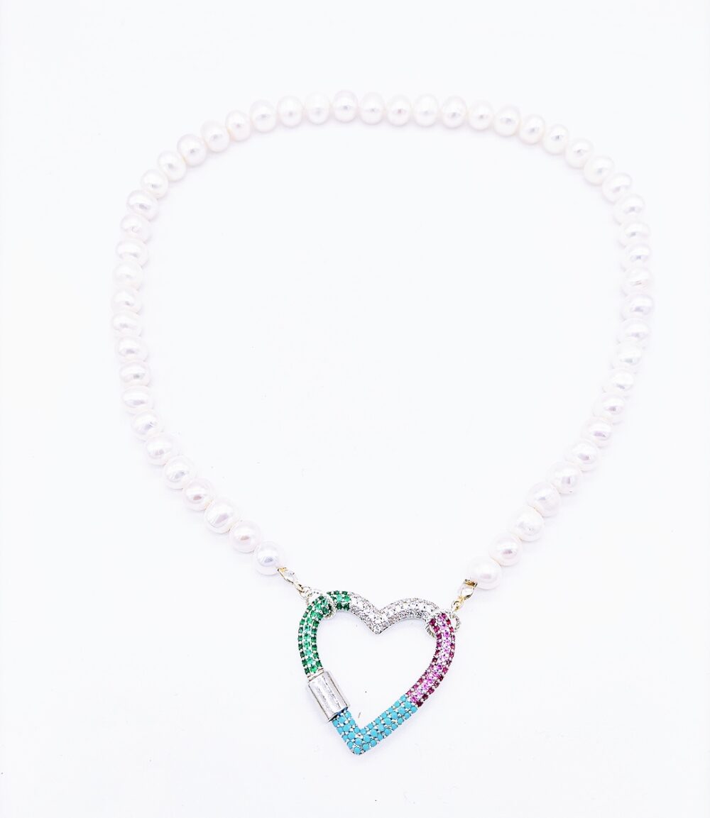 Necklace with Pearl and Silver Heart Clasp with multicolor Zirconia 1